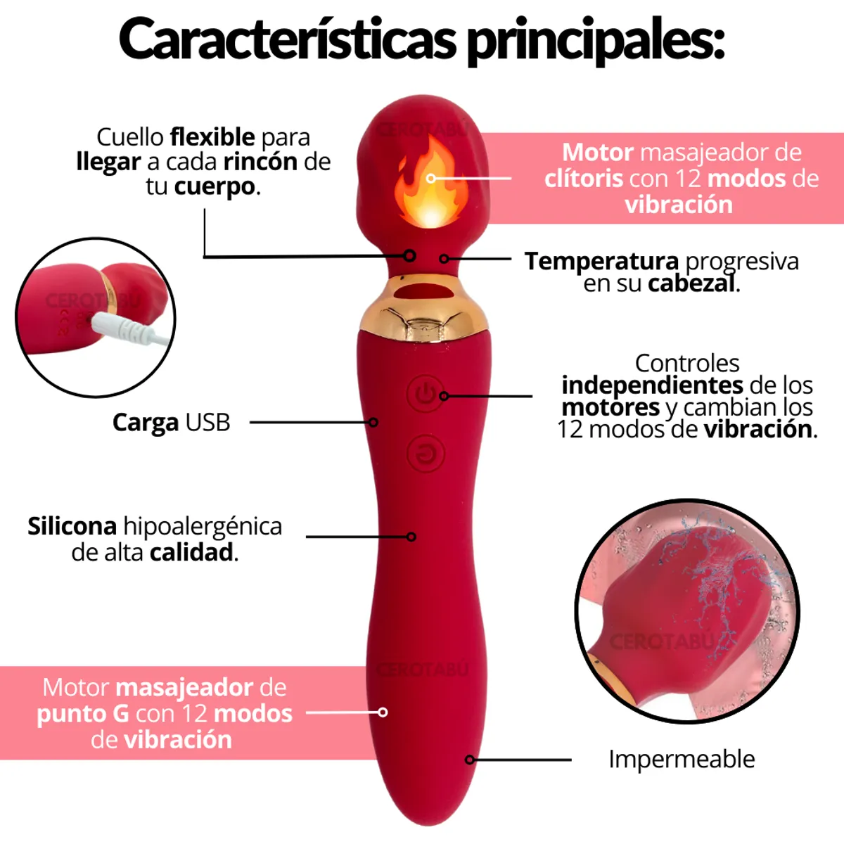 VIBRADOR CLÁSICO MASAJEADOR DE CLÍTORIS TÉRMICO HITACHI 2 EN 1